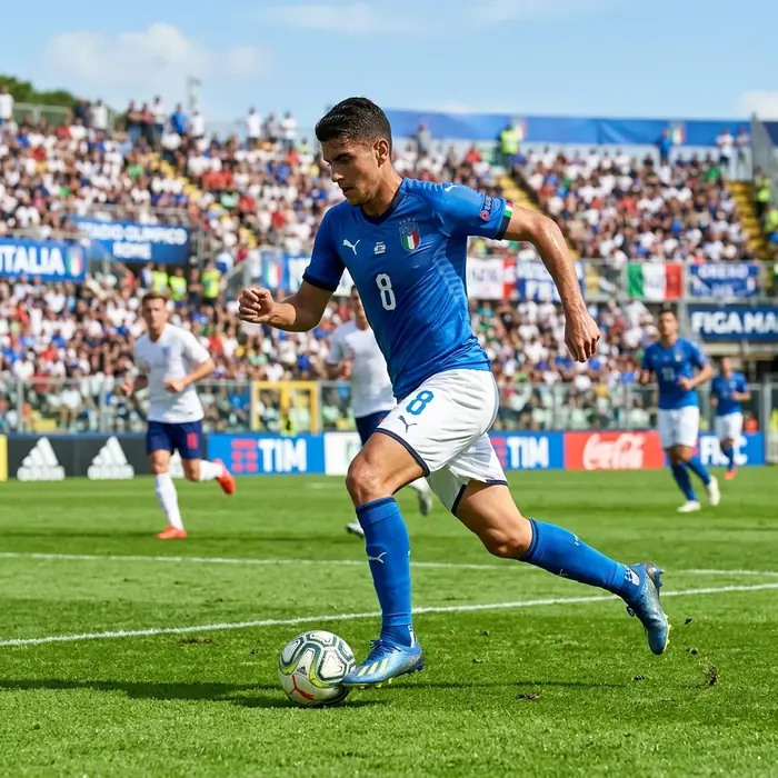 Italian footballer dribbling with real-time tracking hud indicators