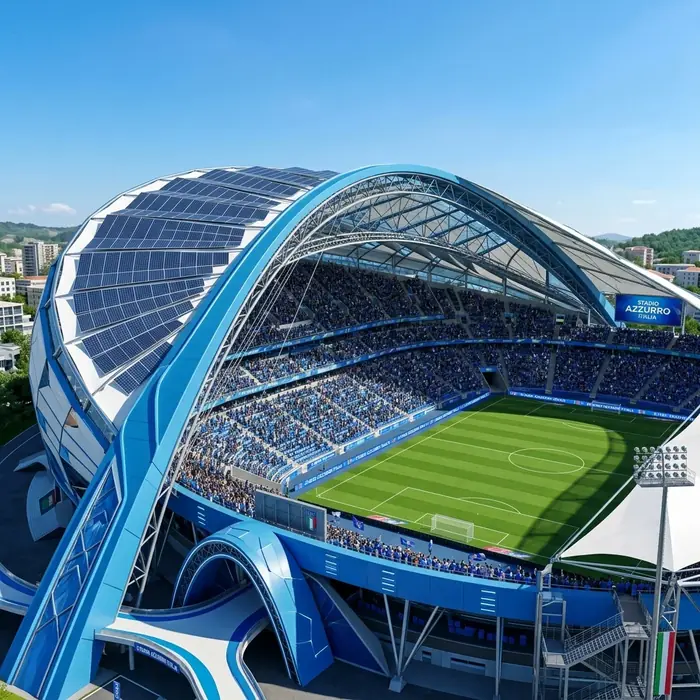 Virtual rendering of Arena Futura under clear skies